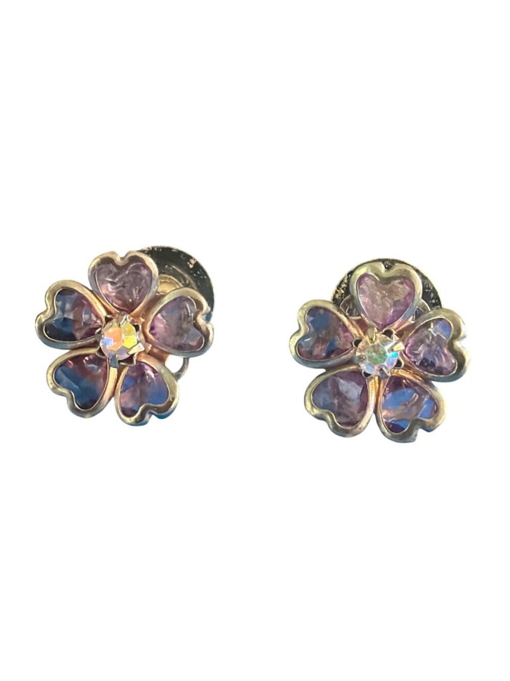 Vintage Silver Tone Flower Earrings Purple Glass Heart Petals Aurora Borealis